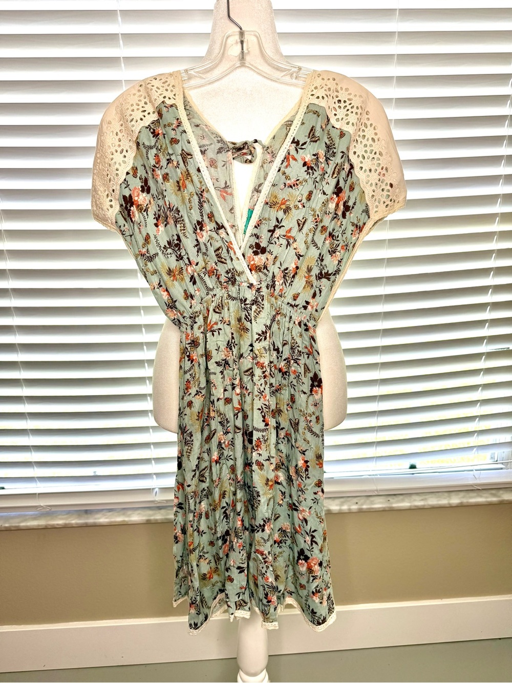Floral Mini Dress in Light Blue Eyelet Short Sleeves Brazilian Brand